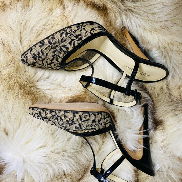 Bottega Veneta Shoes - Bottega Veneta Black & Beige Lace “Perfect T” Strap Pointed Toe Pumps. Auth.